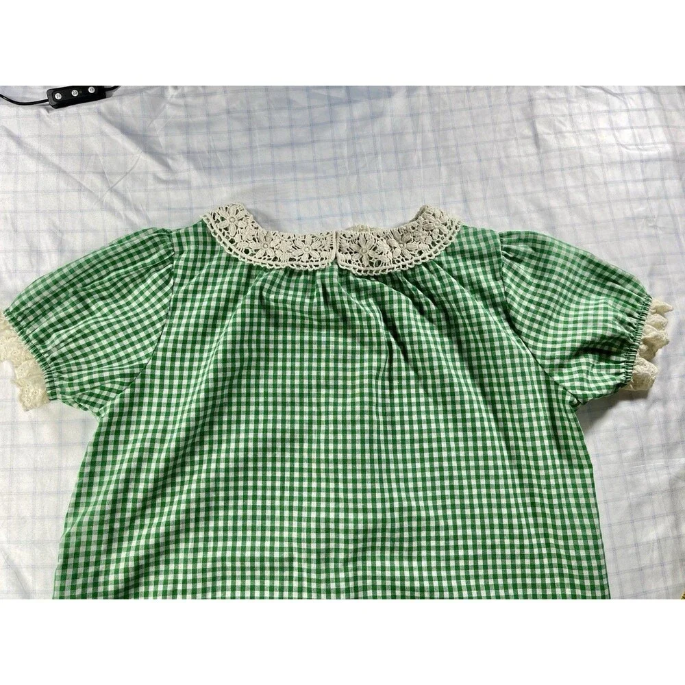 Vintage-Style Green Gingham Crochet Lace Collar House Dress - Size L/XL - Picture 7 of 16